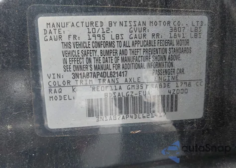 2013 Nissan Sentra Sl z USA, uszkodzony, nr VIN 3N1AB7AP4DL621417